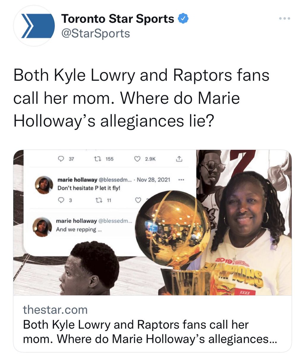 Great article in the <a href="/TorontoStar/">Toronto Star</a>/<a href="/StarSports/">Toronto Star Sports</a> by <a href="/wtevs/">Katie Heindl</a> ! Thank you for asking me to be apart of it! I can talk about <a href="/blessedmom07/">marie hollaway</a> all day ❤️! Check out the link!👇🏾 thestar.com/sports/raptors…