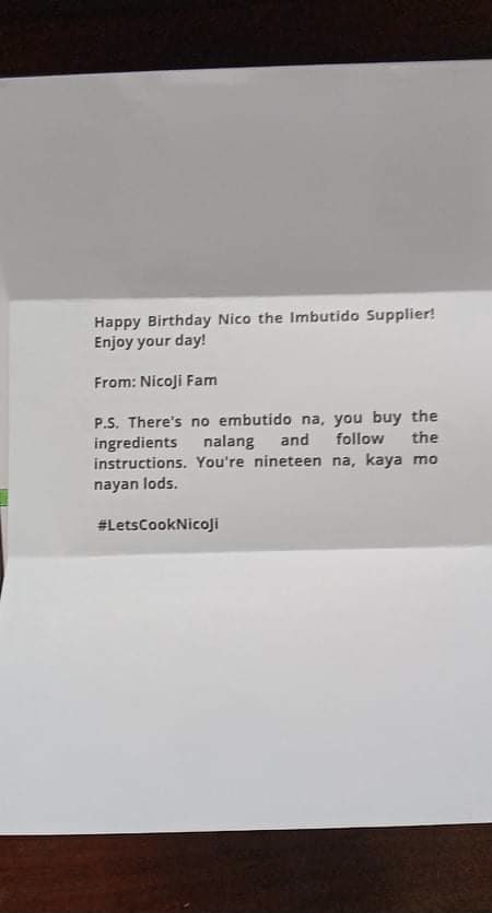 nicomatugas's tweet photo. Thank you so much @NicoJiOfficial for the really sweet gift! ❤️ cant wait to eat this when I get back home 😋 you guys are so sweet haaa, may embutido ingredients and instructions pa 😂 HAHAHA thanks again NicoJi fam! love yall fr <3 https://t.co/m0uFPEdmdC