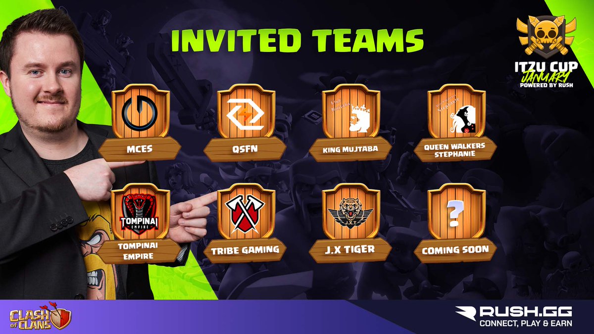 These Magnificent 7️⃣ teams are our invited teams for the <a href="/iTzuDL/">iTzu</a> cup main event! 📮🔥

The 8️⃣th team will be announced in a couple days 😎
<a href="/CoCEsports/">Clash of Clans Esports</a> #CoCEsports

Want to play against them in the Main event?
 First sign up and go through the Qualifier ➡️
rush.gg/tournaments/it…