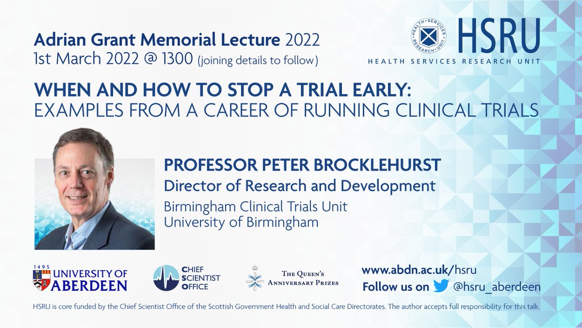 ACE (formerly HSRU) (@ace_aberdeen) on Twitter photo Excited to host the 2022 Adrian Grant Memorial lecture in March with <a href="/brocklehurst_p/">Peter Brocklehurst</a> about when and how to stop a #trial early. More details to follow soon 👇 #clinicaltrials Excited to host the 2022 Adrian Grant Memorial lecture in March with <a href="/brocklehurst_p/">Peter Brocklehurst</a> about when and how to stop a #trial early. More details to follow soon 👇 #clinicaltrials
