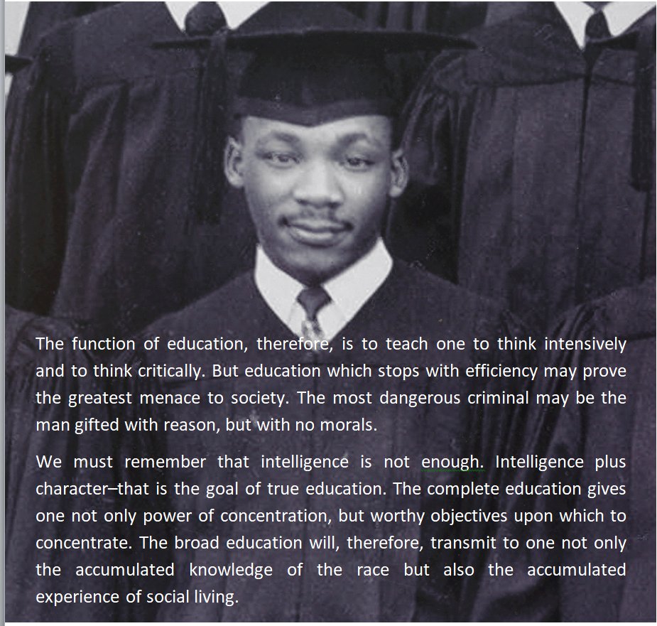 In 1947, Martin Luther King, Jr. had an article published in Morehouse College student paper, The Maroon Tiger. It was entitled "The Purpose of Education." Mr. King was 18 years old at the time he wrote it. drmartinlutherkingjr.com/drking/the-pur…
