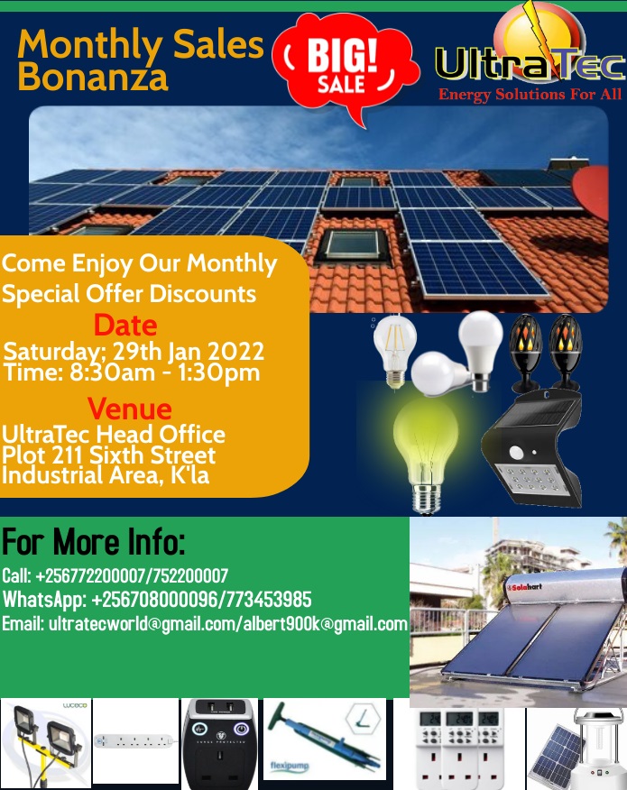 UltraTec_World's tweet photo. UltraTec shall be carrying out their first monthly promotional sales and product awareness in 2022 on 29th January 2022 at the UltraTec Head Office on Plot 211 Sixth Street Industrial Area
For more information, please contact Peter Okoed on +256772200007/752200007/786366213 https://t.co/9jRZ3Si4Ee