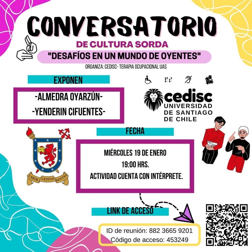 CediscUsach's tweet photo. Descripción de imagen: Se publica una infografía en imagen cuadrada de fondo blanco con un texto en letras negras, para anunciar el Conversatorio de Cultura Sorda: "Desafíos en un mundo de oyentes" organizado por Cedis - Terapia ocupacional UAS.
Exponen:… https://t.co/87hvcb7HQY https://t.co/BRNkqSe0jt
