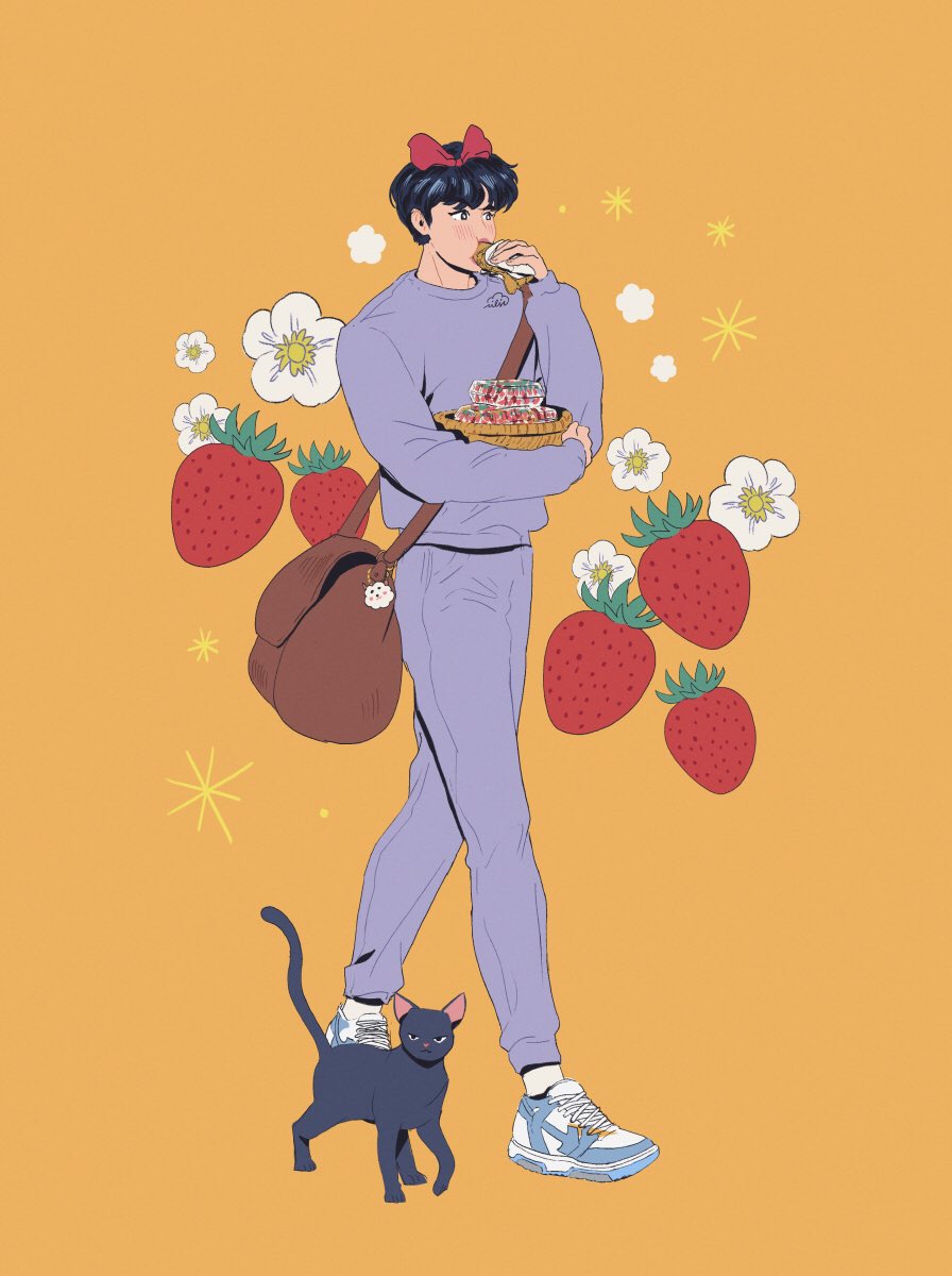 kiki (majo no takkyuubin) strawberry fruit food white flower flower 1boy shoulder bag  illustration images