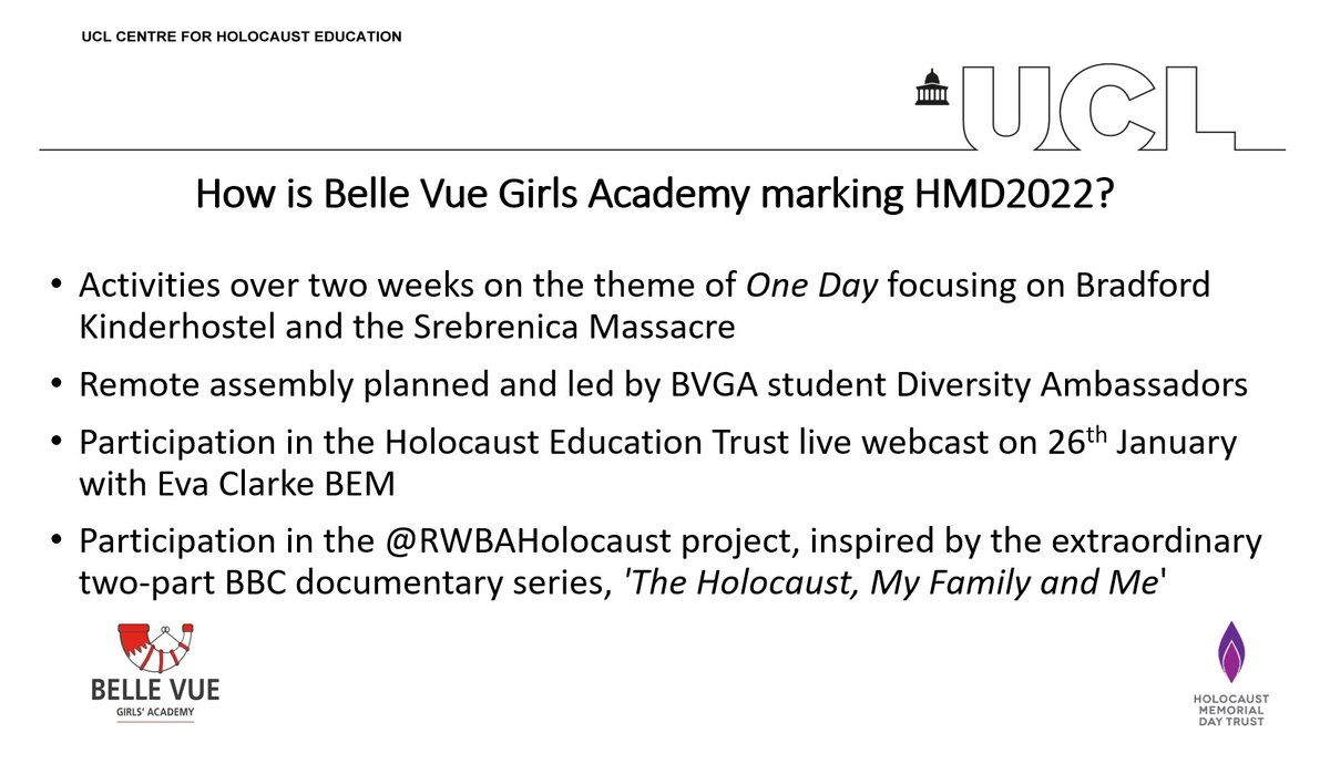 UCL_Holocaust's tweet photo. In the run up to Holocaust Memorial Day (Jan 27th) we are sharing &amp; showcasing how some of our #BeaconSchools2021 &amp; alumni are planning to mark #HMD2022. 
We commend each for their commitment &amp; innovation &amp; hope these will inspire others.
Today we share @BVGAcademy plans ⬇️ https://t.co/LnJCYdvnPx