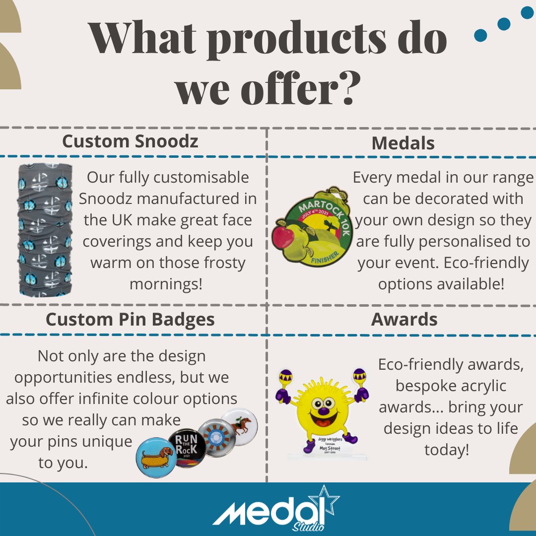 Did you know Medal Studio offers Custom Snoodz and Custom Pins as well as medals and awards? 

Both can be fully customised with your logo or design and both make fantastic promotional tools for your business, sports team or event! 

#medalstudio #promotionaltool #snoodz #pins