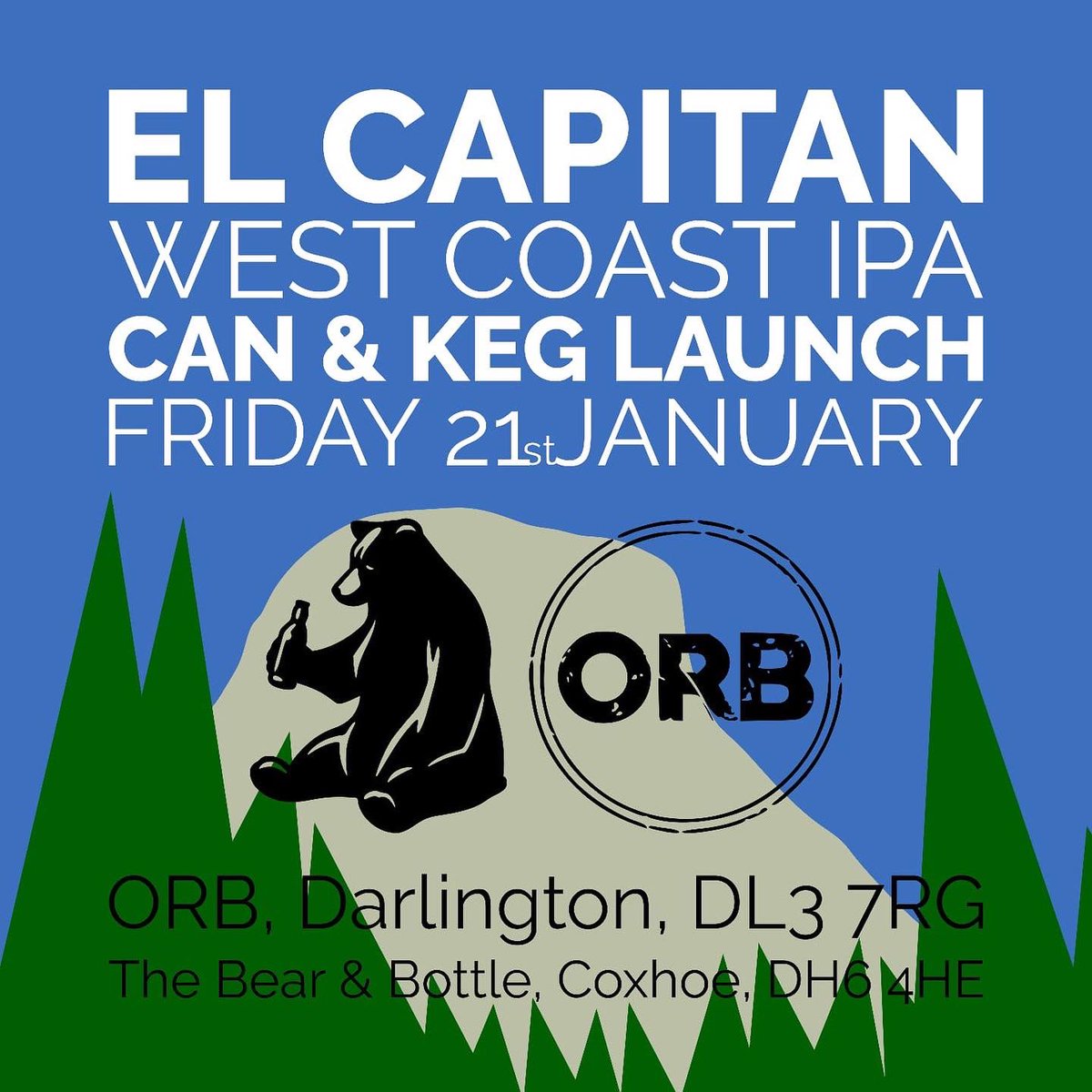 El Capitan is perfectly balanced with aromas of pine and citrus, resinous hops, a touch of tropical fruit and caramel malt notes. This is followed by a bracing bitterness (53 IBUs) and a refreshingly long finish.

🚀 Launches 21.01.22 at <a href="/OrbMicropub/">ORB Micropub</a> + @bearandbottlene 

2/2
