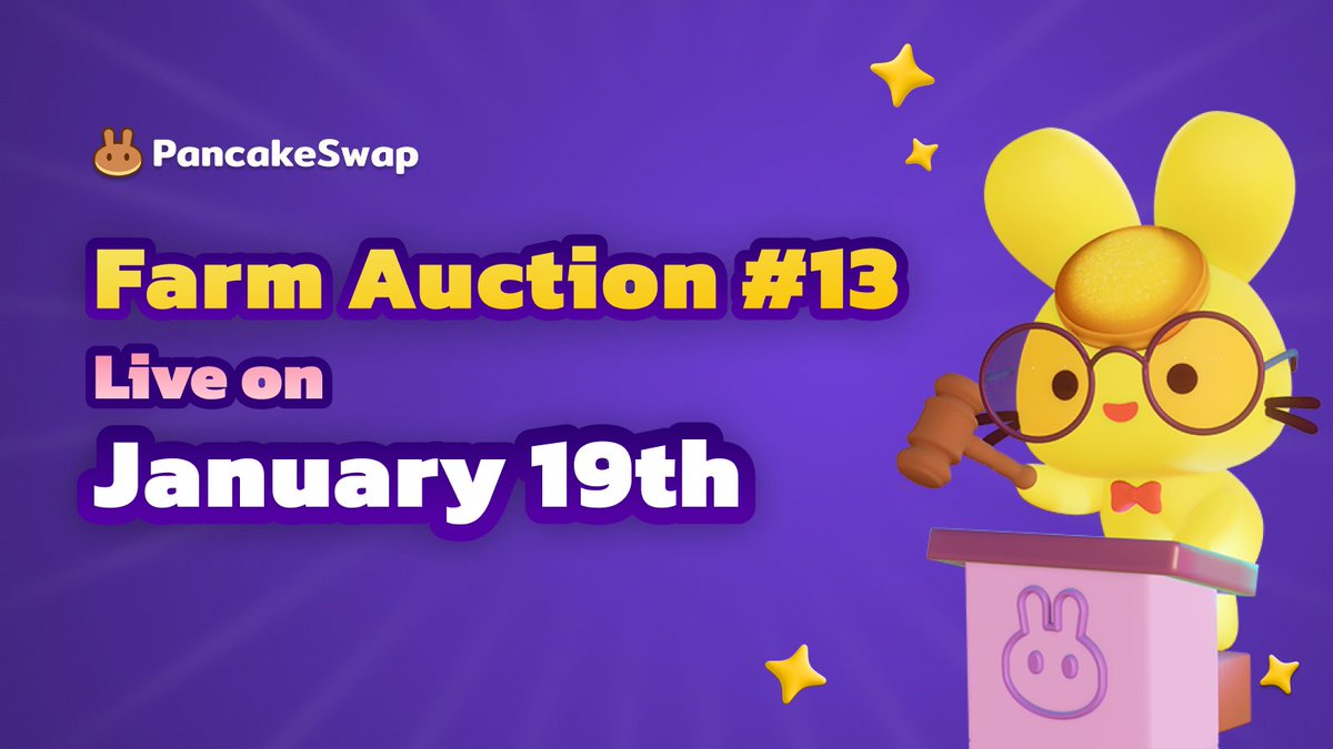 PancakeSwap's tweet photo. The next Farm Auction is going live on January 19th!

If you’re a project looking to boost liquidity on PancakeSwap via a farm, use the form to apply for whitelisting in the community Farm Auctions! 

⬇️https://t.co/ErsW39O8rN https://t.co/O5FLyJl7HJ