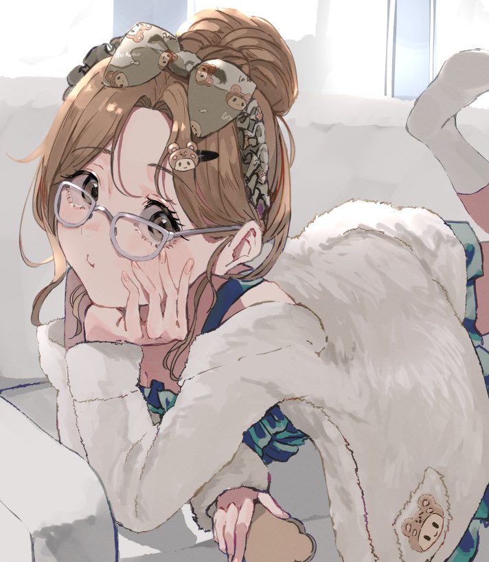 ichikawa hinana 1girl solo glasses looking at viewer hair bun brown hair single hair bun  illustration images
