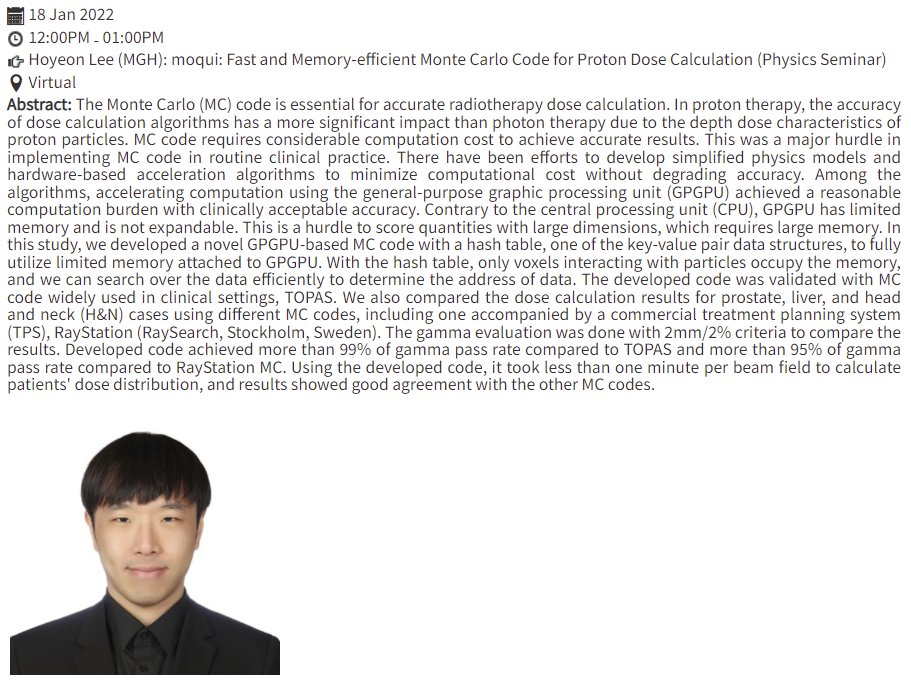 AliAjdari8's tweet photo. Excited to announce our next #MGHPhysicsSeminar, presented by Dr. Hoyeon Lee (MGH):

"Fast Proton Monte Carlo Dose Calculation"

 Join  on Tuesday, 01/18, 12pm EST:

Register at https://t.co/R5oKHL7Z00 
#radbio #medphys 
@MGHCancerCenter https://t.co/abPKsVHiom