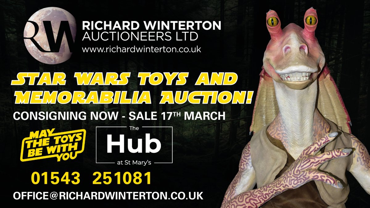 Good evening #LichfieldLocal - The Force will be with a spectacular #StarWars exhibition @thehubatstmarys opening this Saturday, January 22! We're delighted to be consigning all things Star Wars for a special auction there in March - check out this life-size Jar Jar Binks!