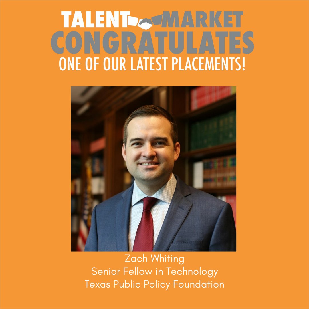 TalentMarket's tweet image. Congratulations to recent Talent Market placement, Zach Whiting, for joining @TPPF as their new Senior Fellow in Technology, where he is working to develop TPPF&apos;s conservative approach to tech policy. 

#talentmarketplacement #libertyjob #technologypolicy #texas #virtualjob