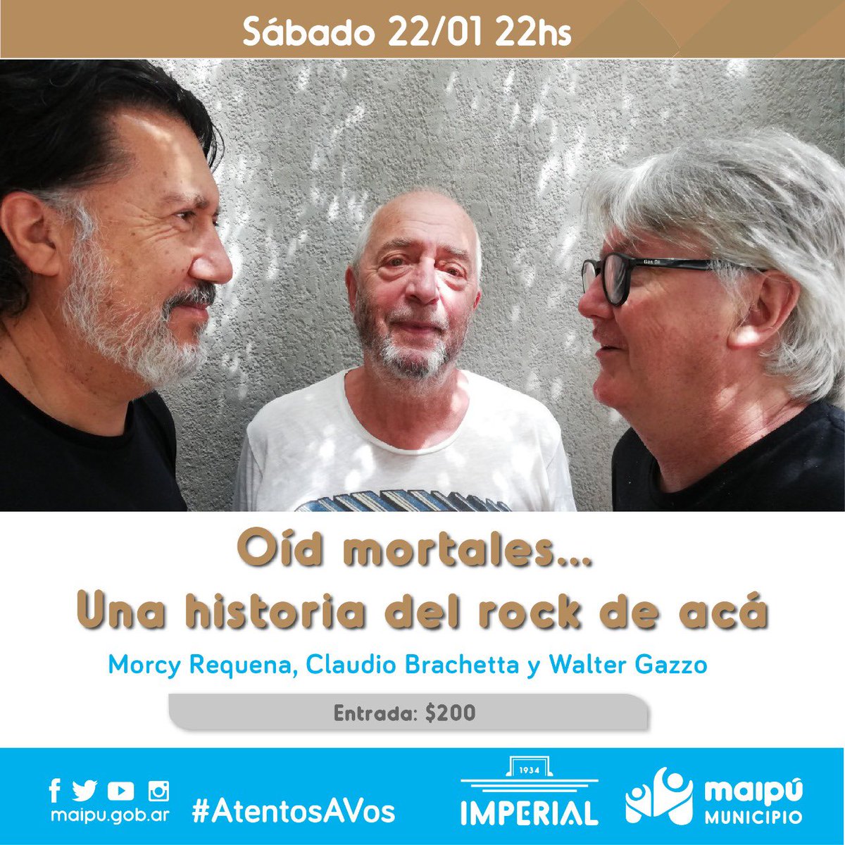 Oíd Mortales…🎸

✅Este espectáculo artístico cuenta una historia del movimiento rock argentino y mendocino a través de canciones e imágenes.

📻Un programa de radio ficticio pero real donde cada uno de los invitados es parte fundamental de la cultura mendocina y argentina.