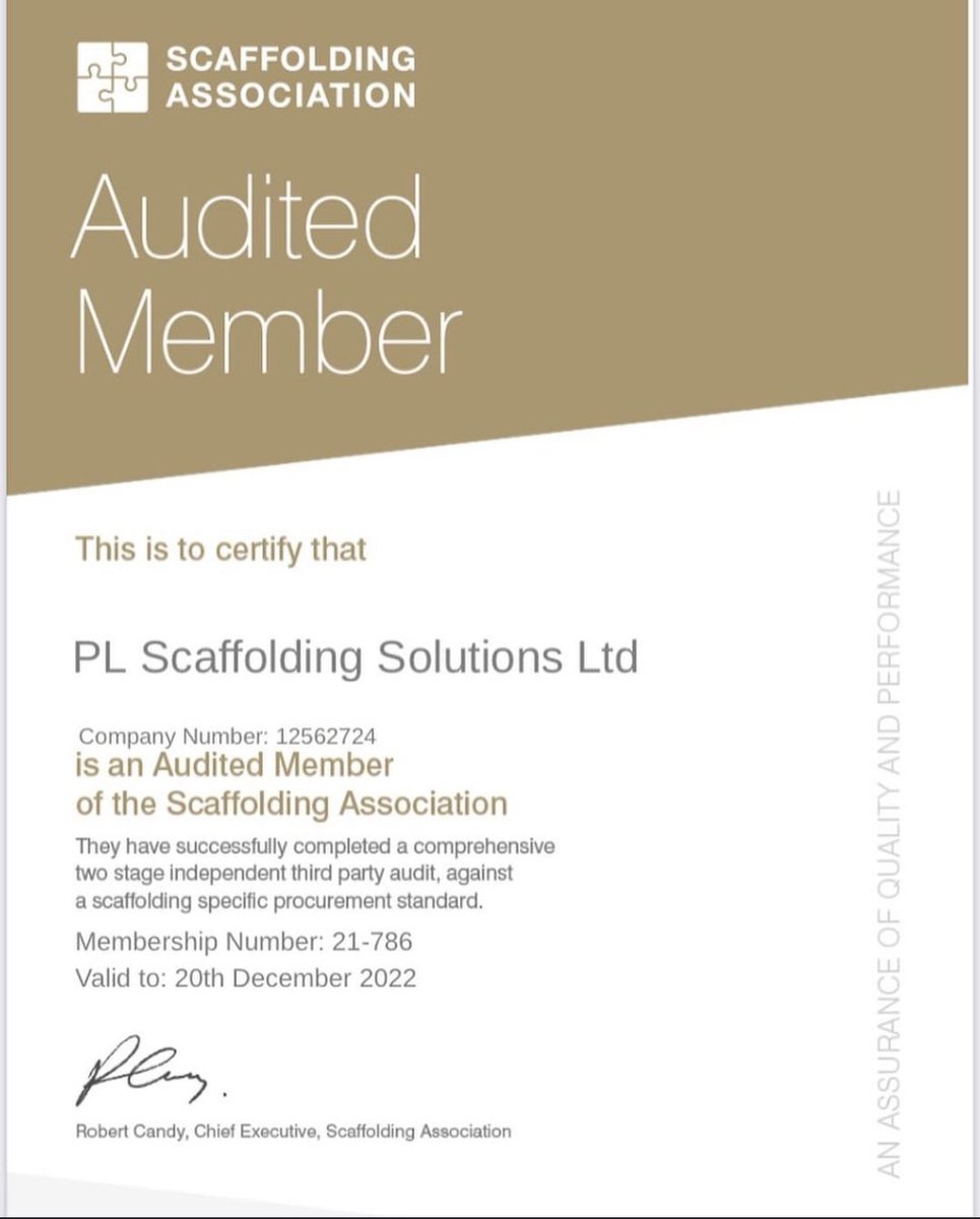 Scaffolding Association -
 ⭐️AUDITED MEMBERS⭐️ 
PL Scaffolding are now fully audited members of the Scaffolding Association.
This is a huge achievement for us as a company.
#plscaffolding #scaffoldingassociation