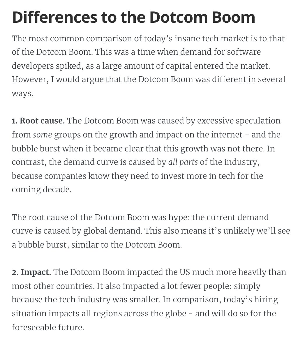 GergelyOrosz's tweet photo. "The tech market was exactly this hot around 2000 than it is now. History is just repeating itself."

The market was hot, but it's *very* different this time.

6 biggest differences now vs then:
1. Root cause
2. Impact
3. Hiring juniors
4. Remote
5. Sustainability
6. Cash comp https://t.co/9dekO8aggp