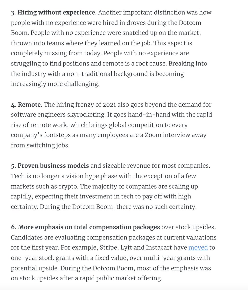 GergelyOrosz's tweet photo. "The tech market was exactly this hot around 2000 than it is now. History is just repeating itself."

The market was hot, but it's *very* different this time.

6 biggest differences now vs then:
1. Root cause
2. Impact
3. Hiring juniors
4. Remote
5. Sustainability
6. Cash comp https://t.co/9dekO8aggp