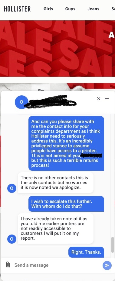 elega_rose's tweet photo. @HollisterCo I’m trying to return a parcel. You don’t include a returns label and actually suggest me asking my local shops to do me a favour AKA do your jobs for you as I don’t own a printer? Make it make sense. https://t.co/tTHx7z6q8a