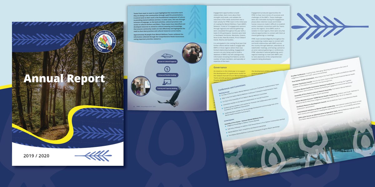 designdeplume's tweet image. Blue &amp;amp; yellow, photographs, &amp;amp; simple Indigenous designs define this report that we prepared for First People’s Wellness Circle, a national not-for-profit corporation governed &amp;amp; managed by Indigenous Leaders that exists to improve the lives of Canada&apos;s First Peoples. #ddpportfolio