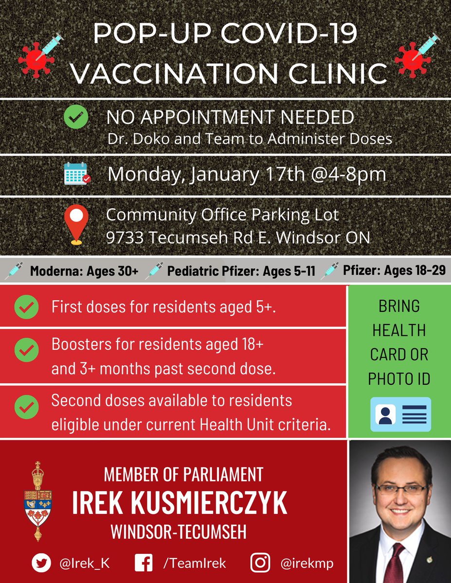 WindsorVax's tweet photo. 🚨POP-UP CLINIC TODAY

⏰ 4-8pm

🏥 9733 Tecumseh Rd E, Windsor ON

✅ Anyone 18+ who is 3+ months past second dose can receive a booster!

✅ Anyone aged 5+ can receive a first dose! Second doses available to eligible residents! https://t.co/pX40RLGhI3