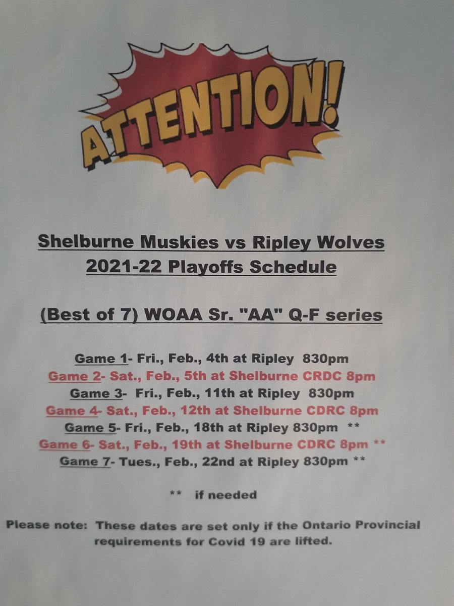 Shelburne Muskies vs Ripley Wolves best 7 QF  playoffs set if provincial requirements for Covid 19 now in place are lifted.