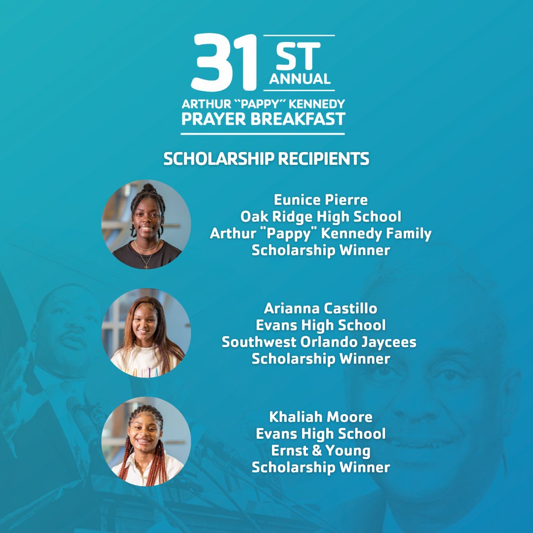 YCentralFlorida's tweet photo. Congratulations to Arianna Castillo, Khaliah Moore, and Eunice Pierre, who were awarded college scholarships at our 31st Annual Arthur "Pappy" Kennedy Prayer Breakfast. ๐๐
#MLKDay #PappyKennedy #YMCA #YMCACF #Forabetterus https://t.co/xzDHsJBBZv