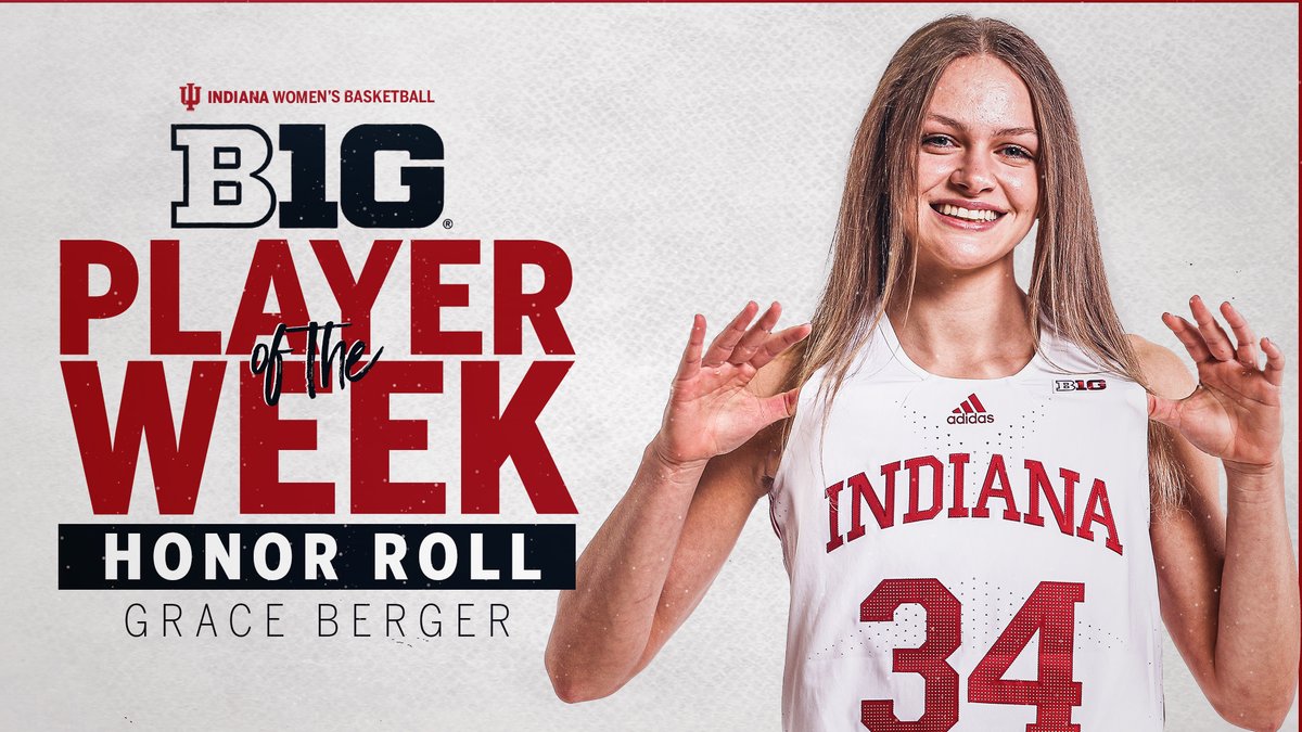 IndianaWBB's tweet photo. .@grace_berger34 earns a spot on the B1G Player of the Week Honor Roll for her combined performances against Nebraska and Purdue

⚪️ 23.5 ppg.
🔴 6.5 rpg.
⚪️ 4.5 apg. 
🔴 55.2 % FG 
⚪️ +3.0 assist/turnover ratio https://t.co/SyvEArUK5r