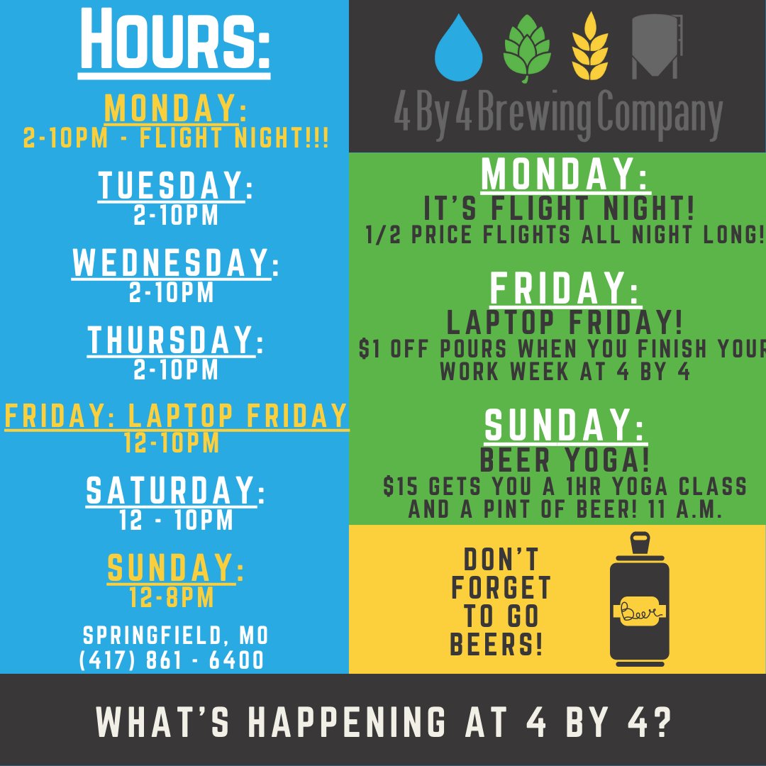 4by4Galloway's tweet photo. Check out what's going on this week at 4 By 4!

We look forward to seeing you and pouring you a pint this week! Cheers!

#weeklyevents #417land #thingstodo #springfieldmoevents #breweryevents #gallowaydistrict #springfieldmo #4by4brewingco #beeryoga #flightnight #laptopfriday https://t.co/hrUVbVRBng