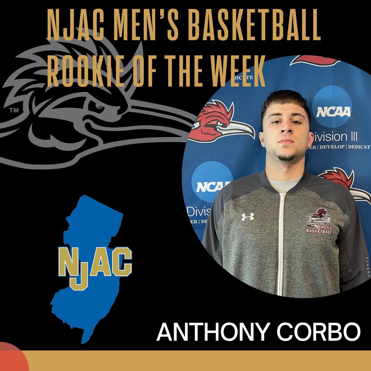 Congratulations to Anthony Corbo on being named NJAC Men’s Basketball Rookie of the Week! #WeAreRCNJ #NJAC_Mbb 

@ramapocollegenj @njacsports @ramaposga <a href="/rcnjmbb/">Ramapo College Men’s Basketball</a> @ncaadiii