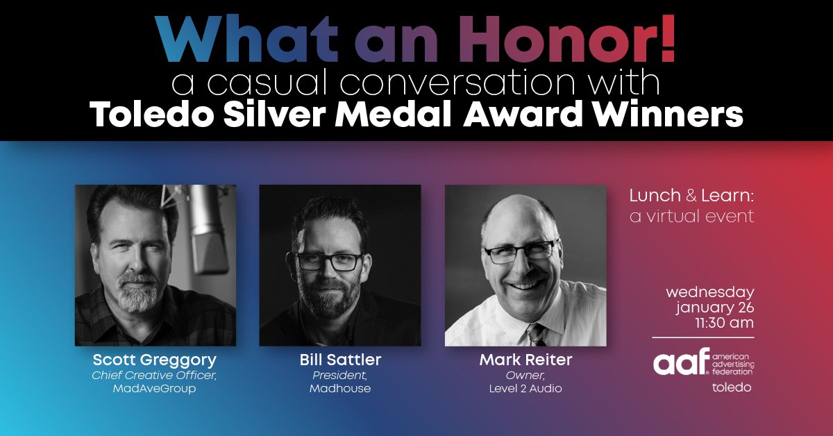 We’re kicking off the new year with an insightful convo with Silver Medal Award recipients on Wed., Jan. 26, 2022 at 11:30 a.m. Join our award winners Bill Sattler, Mark Reiter, and Scott Gregory for a virtual discussion. bit.ly/3nyiARy

#aaftoledo #silveraddy #awards