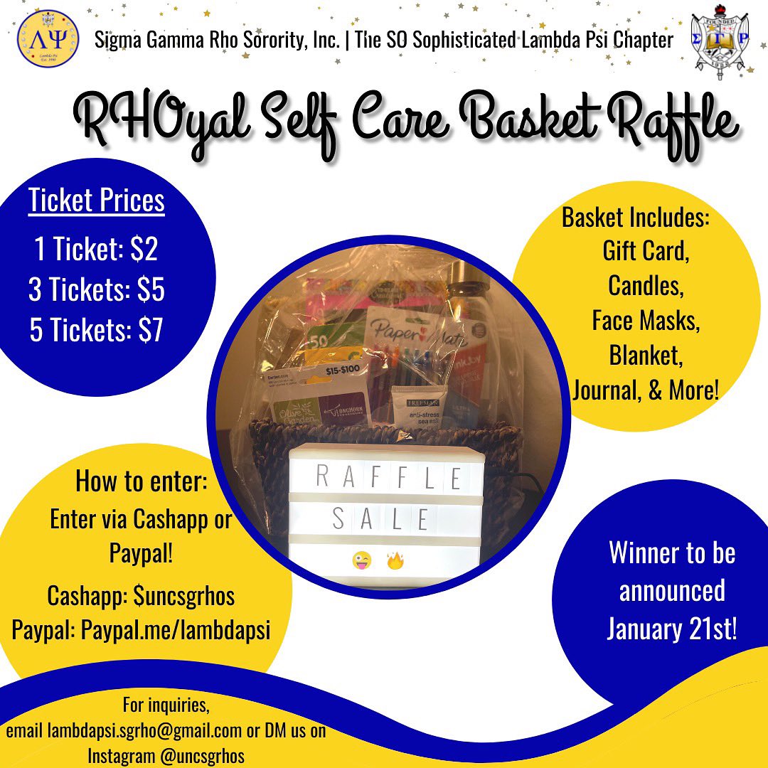 Lambda Psi is excited to raffle off a RHOyal Self Care Basket! We’d like to give you all the CHANCE TO WIN a self care basket that helps you unwind, de-stress, and relax!💙💛✨ 

Check out our flyer for details! 

*YOU DO NOT NEED TO BE A UNC STUDENT TO ENTER*

#selfcare #SGRho
