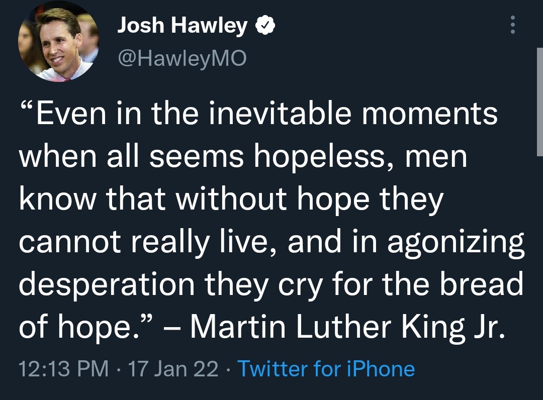 The senators from Missouri have some nerve.

Protect democracy from these hypocrites.

Defend the work of Dr. King and so many like him who have led the way for us to make PROGRESS, against the odds of bad faith actors like Mr. Hawley and Mr. Blunt.