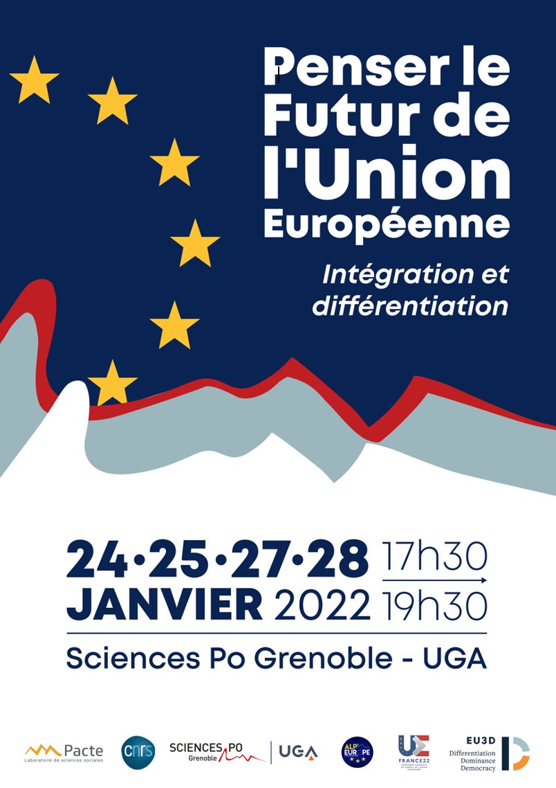 <a href="/SciencesPo38/">Sciences Po Grenoble - UGA</a> et <a href="/PACTE_grenoble/">Laboratoire Pacte</a> organisent avec <a href="/AlpEurope/">Alp'Europe</a> une série de tables rondes sur le futur de l’UE et la différentiation dans le cadre de <a href="/EU3Dh2020/">EU Differentiation, Dominance and Democracy</a> et de #PFUE2022 #EU2022FR. État de droit, relance, participation citoyenne, #Chine. Inscription futur-ue-2022.sciencesconf.org