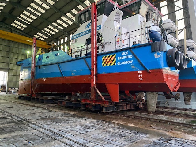 Mainstay_Marine's tweet photo. Great to welcome Maritime Craft Services (MCS) to our yard. The first vessel ‘Pampero’ was relaunched over the weekend after completion of #class #survey. 

#CTV #marineservices #maintenance #slipway #vessel #crewtransfer https://t.co/kxD1oMPdu1