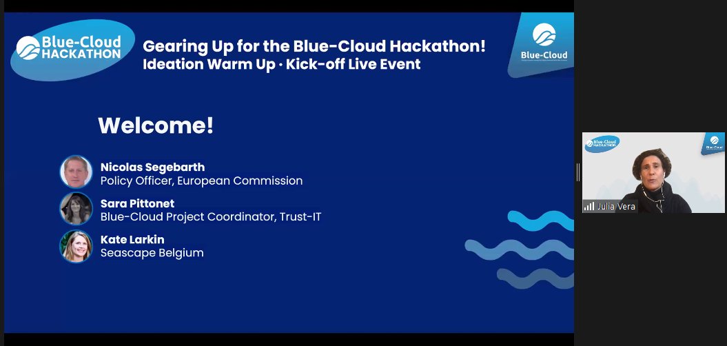 BlueCloudEU's tweet image. And we are live!
@juliaveraprieto from @SeascapeBelgium welcomes the audience to the kick-off event of the Blue-Cloud #hackathon.
Join us now: tinyurl.com/z23wmmt9
