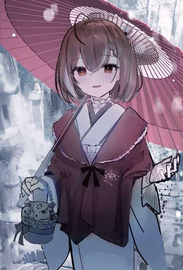 nanashi mumei 1girl kimono basket brown hair oil-paper umbrella white kimono japanese clothes  illustration images
