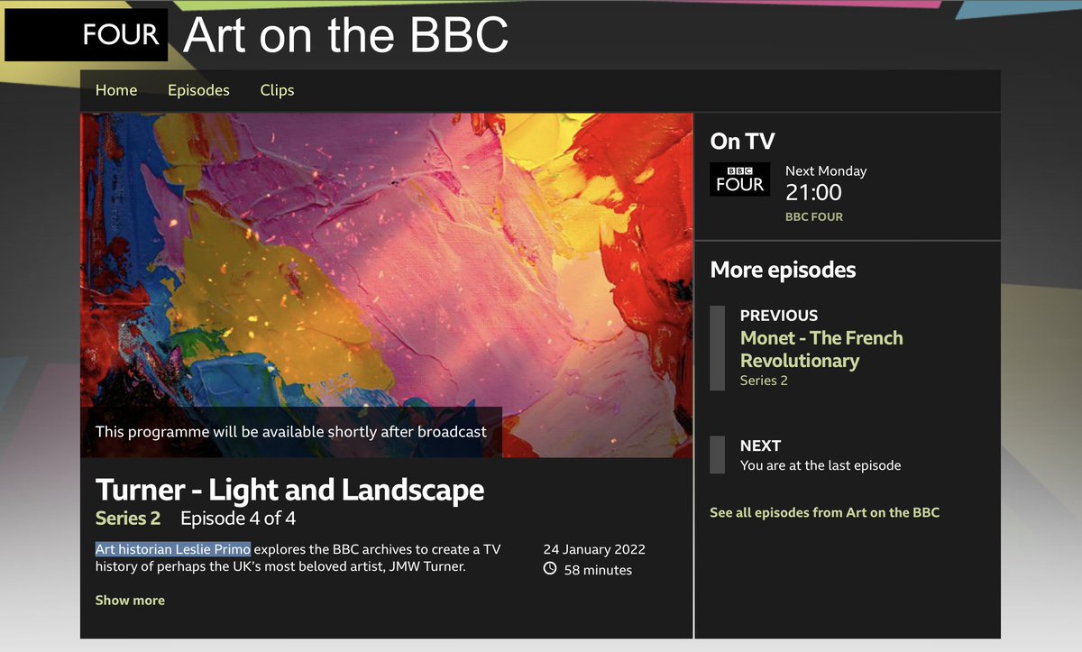 CLCCdirector's tweet photo. Next Monday on BBC4, 9 pm
Formidable Art Historian Leslie Primo (and, If I may proudly add, CLCC tutor) will talk about the formidable Turner. 
https://t.co/BIWf6OoKtj
@artfirstprimo @ImpEv @Imperial_CLCC @imperialcollege #Humanities https://t.co/TP2AvjJSBn