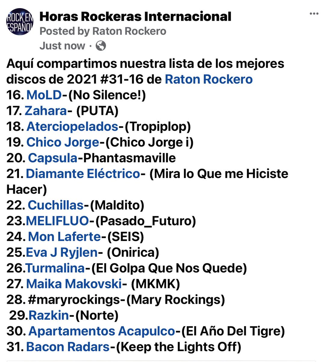 Raton Rockero (@ratonrockero) on Twitter photo #Mold #Zahara <a href="/aterciopelados/">Aterciopelados</a> <a href="/soychicojorge/">Chico Jorge</a> <a href="/capsula_band/">C A P S U L A</a> <a href="/Diamantelectric/">Diamante Eléctrico</a> <a href="/cuchillasband/">Cuchillas</a> <a href="/Melifluoband/">MELIFLUO</a> <a href="/monlaferte/">Mon Laferte</a> <a href="/EvaRyjlen/">Eva Ryjlen</a>
<a href="/turmalinabanda/">Turmalina</a> @MaikaMakovski
#maryrockings #razkin <a href="/aptos_acapulco/">ApartamentosAcapulco</a> <a href="/baconradars/">Bacon Radars</a> <a href="/EneidaFever/">𒊹︎︎︎ 𝗘𝗻𝗲𝗶𝗱𝗮 𝗙𝗲𝘃𝗲𝗿!</a> <a href="/Criteriaent/">Criteria Entertainment</a> <a href="/TheMusicJoint_/">the music joint.</a> #horasrockeras #radio #Mold #Zahara <a href="/aterciopelados/">Aterciopelados</a> <a href="/soychicojorge/">Chico Jorge</a> <a href="/capsula_band/">C A P S U L A</a> <a href="/Diamantelectric/">Diamante Eléctrico</a> <a href="/cuchillasband/">Cuchillas</a> <a href="/Melifluoband/">MELIFLUO</a> <a href="/monlaferte/">Mon Laferte</a> <a href="/EvaRyjlen/">Eva Ryjlen</a>
<a href="/turmalinabanda/">Turmalina</a> @MaikaMakovski
#maryrockings #razkin <a href="/aptos_acapulco/">ApartamentosAcapulco</a> <a href="/baconradars/">Bacon Radars</a> <a href="/EneidaFever/">𒊹︎︎︎ 𝗘𝗻𝗲𝗶𝗱𝗮 𝗙𝗲𝘃𝗲𝗿!</a> <a href="/Criteriaent/">Criteria Entertainment</a> <a href="/TheMusicJoint_/">the music joint.</a> #horasrockeras #radio