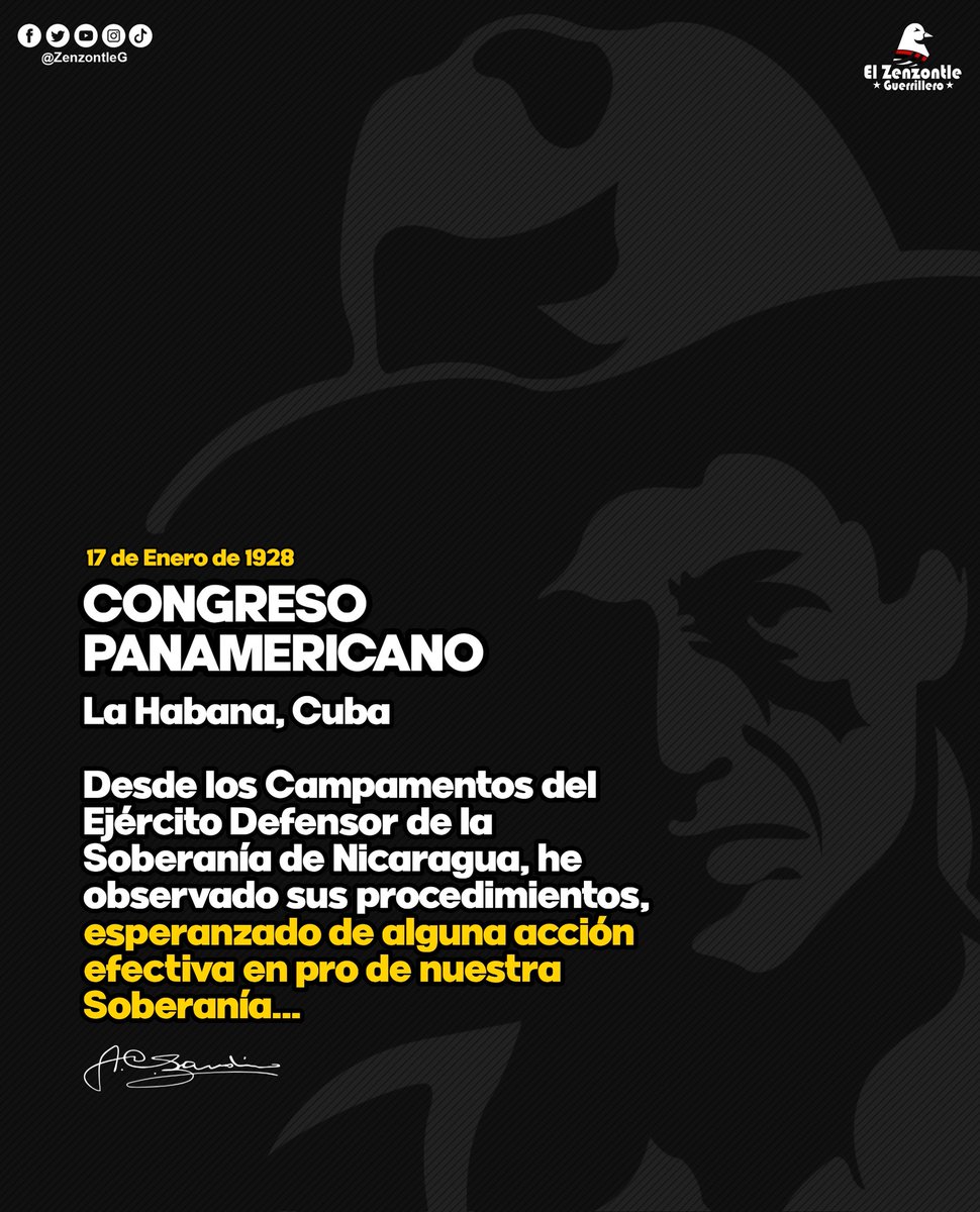 #Nicaragua | Un #17Enero de 1928, hace 92 años, el General de Hombres y Mujeres Libres, Augusto C. Sandino realizaba un llamado a los pueblos latinoamericanos en el Sexto Congreso Panamericano en La Habana, Cuba. ✊🏻🔴⚫🇳🇮

#UnidosEnVictorias
#TodosLosTriunfosSonDelPueblo