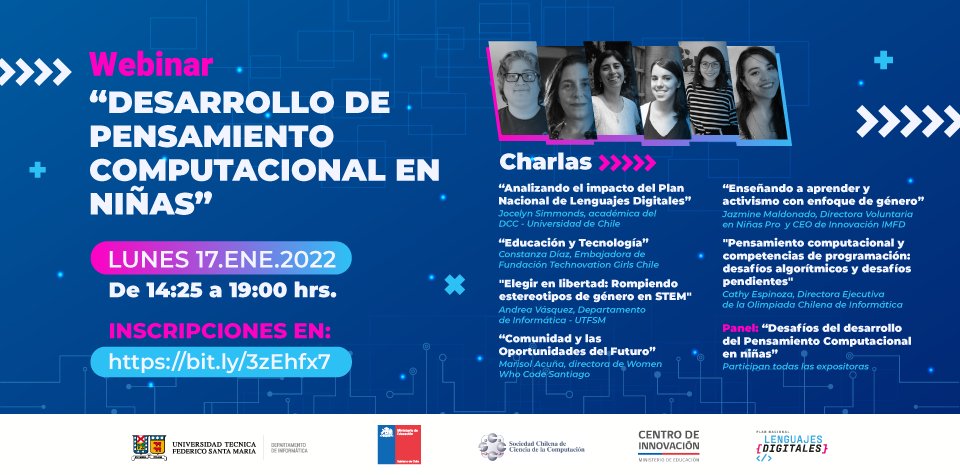 exploravalpo's tweet photo. ¡HOY 🔝 webinar 💥! "Desarrollo de Pensamiento Computacional en Niñas" junto a la capa @afvasque de @usantamaria e invitadas de @WWCodeSantiago @technovationcl @ninasPro y más en evento organizado por @Sociedad3C @Mineduc y @informaticaUSM

Inscríbete https://t.co/11epBbT5zV https://t.co/LthkaJcon5