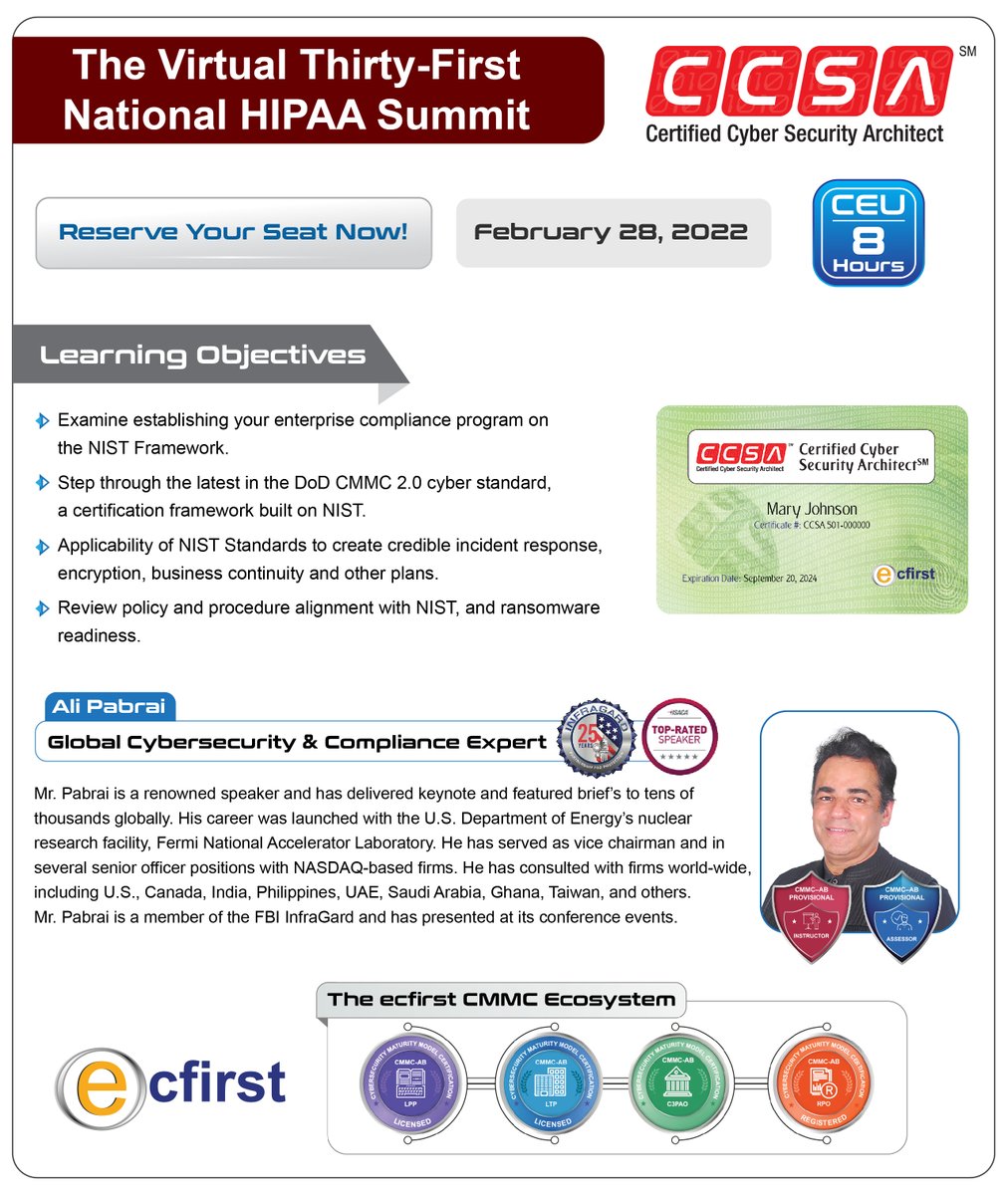 HIPAA Summit Features CCSA Program #hipaa #nist #cmmc 
HIPAASummit.com