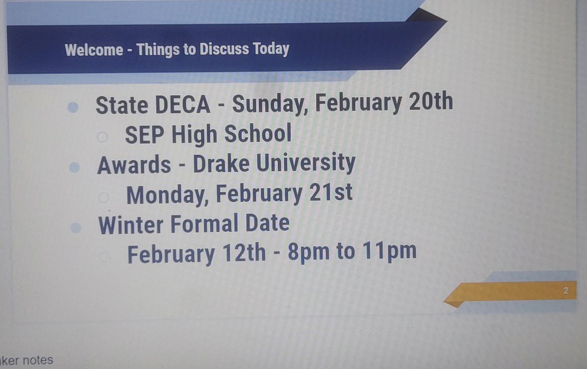 BF_DECA's tweet photo. DECA meeting Wednesday at 7:40 a.m. in Mr. D's room.  Do not be late - need to discuss State and Formal! https://t.co/9xRsOIncvs