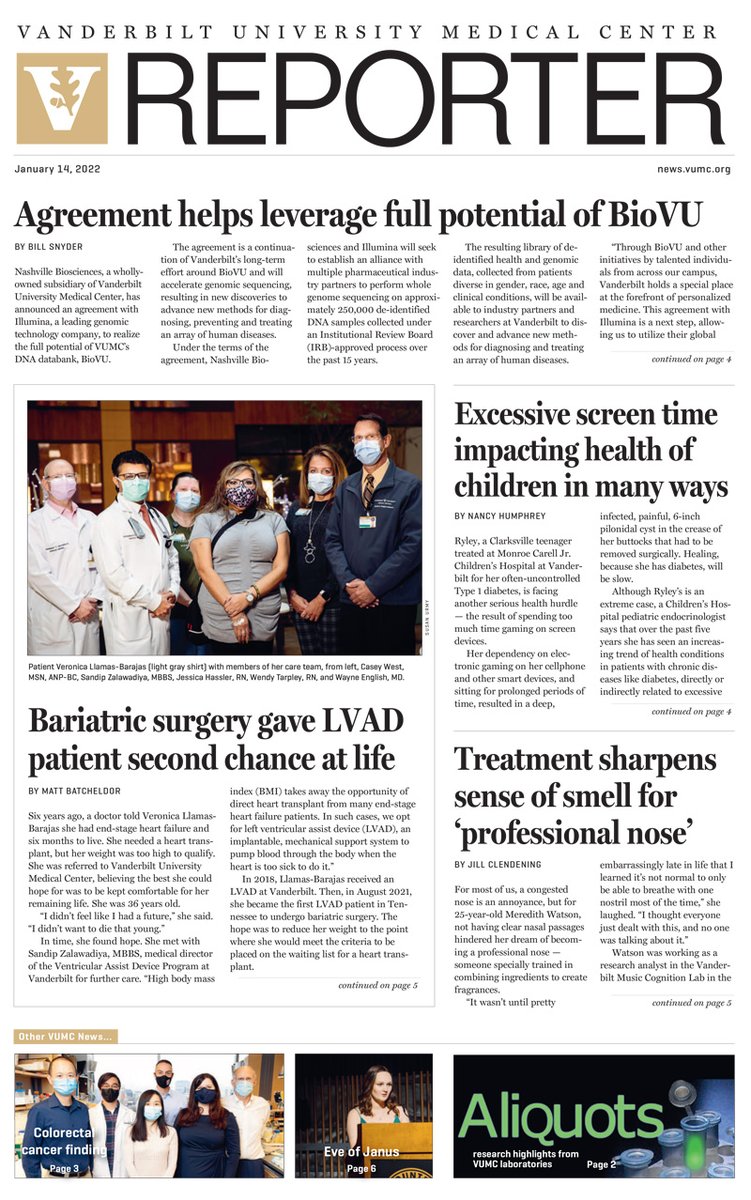 •@NashvilleBio + @illumina agreement advances #BioVU databank🤝 •@nidhiguptatweet encourages limit on ‘excessive’ #screentime •@VUMCSurgery + @VUMC_heart join forces •A first for @VanderbiltENT: enhancing smell for a professional 👃 More→news.vumc.org