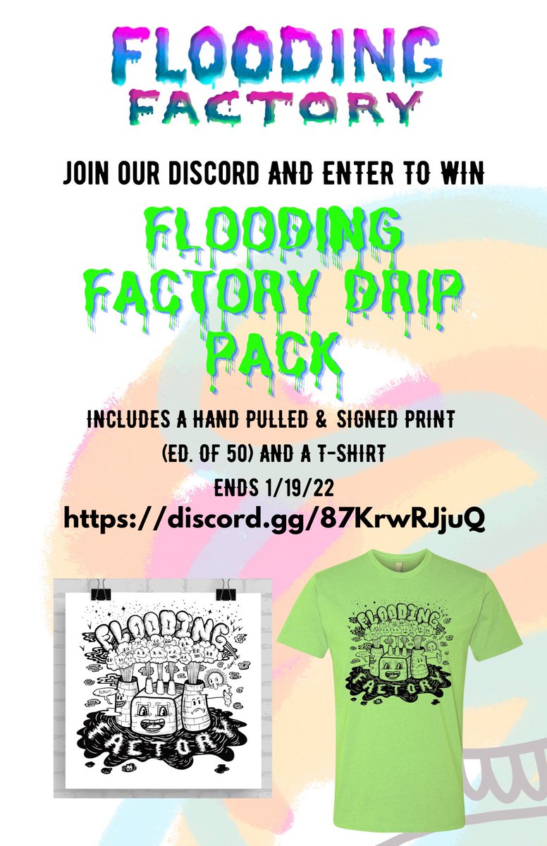 FloodingFactory's tweet photo. GM!  Just wanted to remind folks about 2 things.  We are running a dope giveaway in our discord for a merch pack AND we will be airdropping a sick mash up blob to anyone who owns 2 or more BLOBs from series 1 and/or 2! https://t.co/mgUX9izTCd https://t.co/WpPbnWc8m3