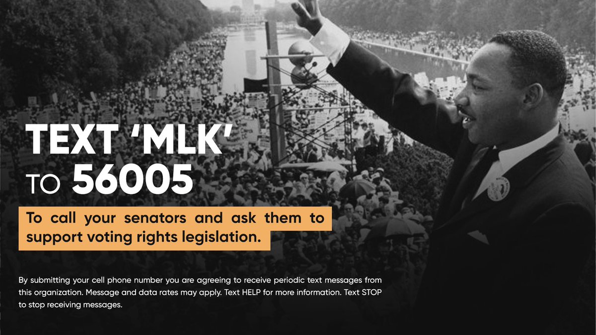 Michelle Obama (@michelleobama) on Twitter photo One of the best ways to honor Dr. King's legacy is to take action to help protect voting rights in our country. Text ‘MLK’ to 56005 and <a href="/WhenWeAllVote/">When We All Vote</a> will send some details you can use to call elected officials today and urge them to pass the Freedom to Vote: John R. Lewis Act. One of the best ways to honor Dr. King's legacy is to take action to help protect voting rights in our country. Text ‘MLK’ to 56005 and <a href="/WhenWeAllVote/">When We All Vote</a> will send some details you can use to call elected officials today and urge them to pass the Freedom to Vote: John R. Lewis Act.