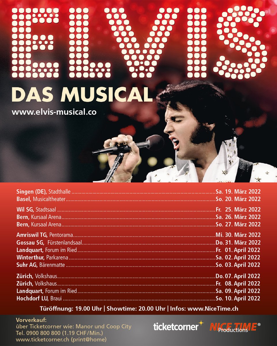 NiceTimeProduc's tweet image. Es gilt die 2G-Regel mit Maskenpflicht = geimpft oder genesen mit Maske ausser beim Konsum auf dem Sitzplatz.
@ElvisAustria @ElvisToday @ElvisTheMusical @KantonsspitalSG @NiceTimeProduc #nicetime #elvis #elvismusical #elvisdasmusical @AWAZurich @KantonZuerich @kantonsg #flawil