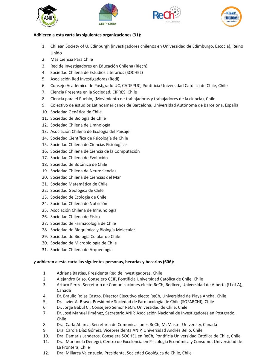 🆘️ muchas gracias a las 31 Organizaciones &amp; Soc. Científicas y a las 606 investigador@s y becari@s que firmaron nuestra carta de #PostgradosAbandonados en #Pandemia #COVID19! Esta mañana fue entregada al presidente @gabrielboric!
<a href="/gonzalowinter/">Gonzalo Winter 🇨🇱</a> <a href="/GiorgioJackson/">Giorgio Jackson</a> <a href="/camila_vallejo/">Camila Vallejo Dowling</a>
