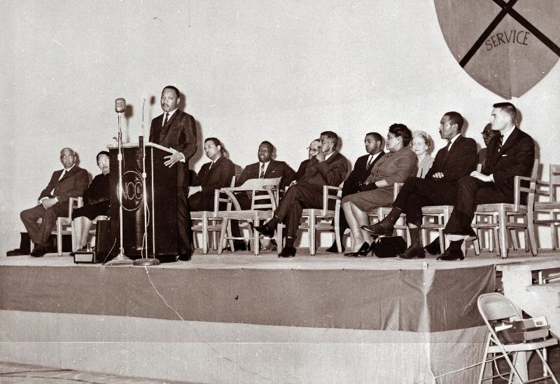 NCCUAthletics's tweet photo. "True peace is not merely the absence of tension; it is the presence of justice." #MLKDay 

Celebrating the life &amp; legacy of Dr. Martin Luther King Jr. (pictured speaking at #NCCU in 1966) https://t.co/zbEWuoAnXz
