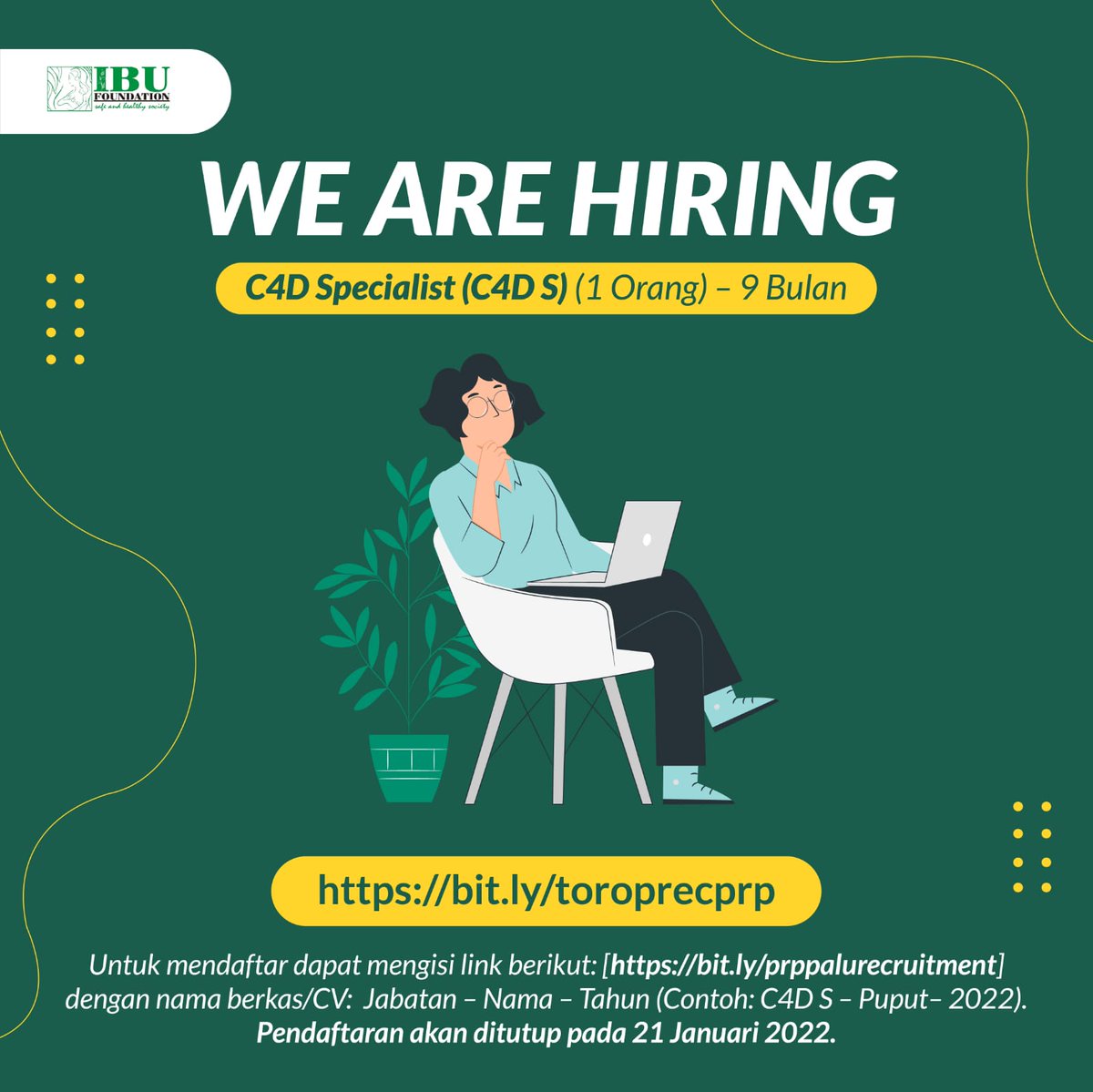 LOWONGAN KERJA 
Untuk penempatan sebagai C4D Spesialist di Kota Palu
Informasi lebih detail: bit.ly/toroprecprp

#infoloker
#lokerIBU
#lokerPalu
#sharecare
#ibufoundation