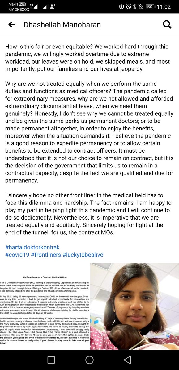 HKontrak's tweet photo. When we ask for equality, this is what we meant.

Same risk same job, different treatment.

Cuti habis sebab under treatment at KKM own facility, still have to quit if nak jaga anak premature. https://t.co/4j7XSWZ3Vg