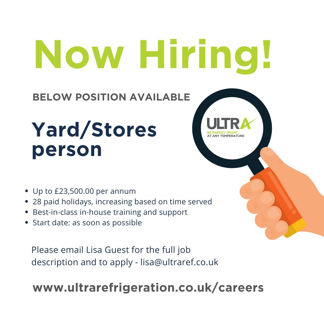 UltraRefUK's tweet photo. PLEASE SHARE and pass on to anyone you think may be suitable.

#jobalert #recruiting #nowhiring #chesterfield #yardperson #storeman #refrigeration #hiring #jobadvert https://t.co/lwng0FiF37
